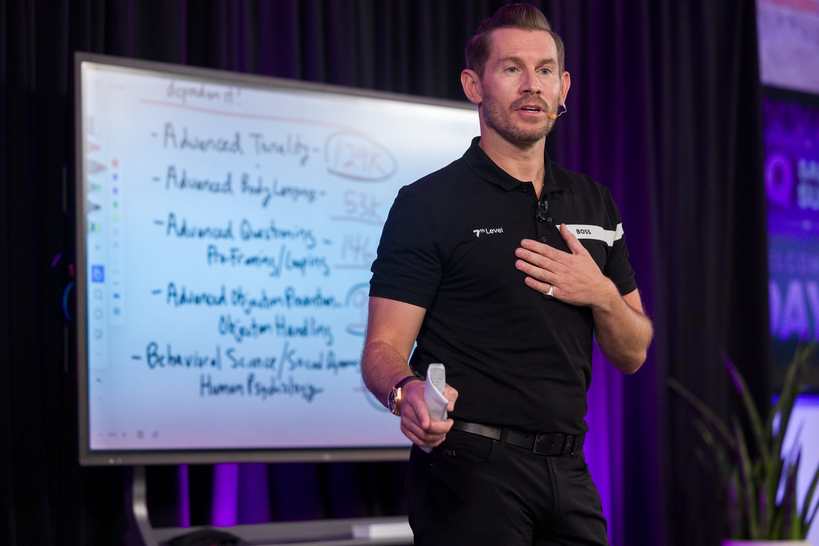 Jeremy Miner in a 7th Level polo, teaching beside a whiteboard of advanced NEPQ topics